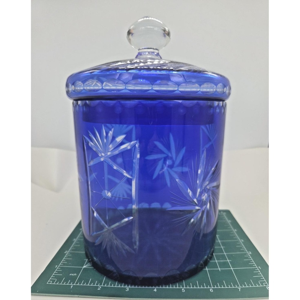 Bohemian Czech Cobalt Blue Cut to Clear‎ Pinwheel Biscuit Cookie Jar Ice Bucket
